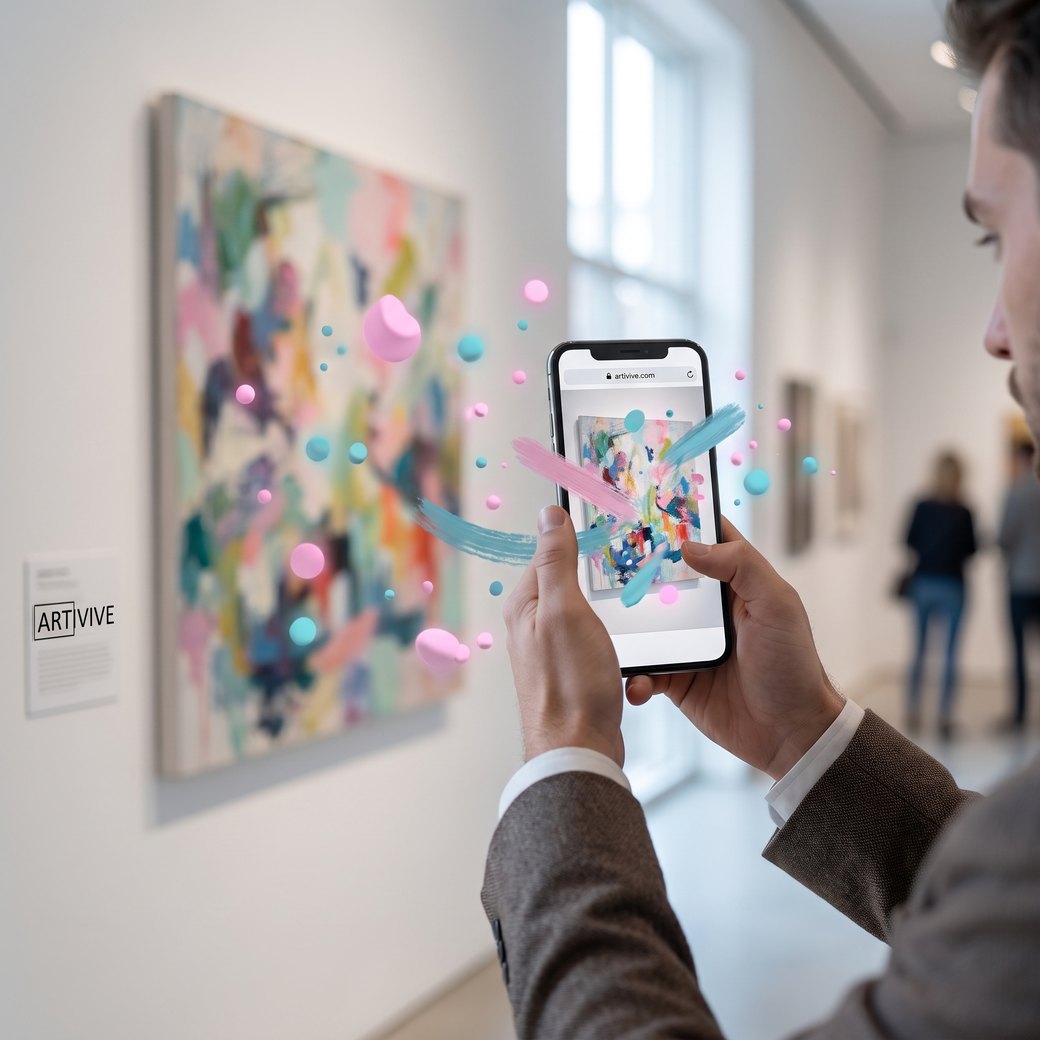 A visitor points a phone at a framed artwork that comes alive in augmented reality, playing in the browser